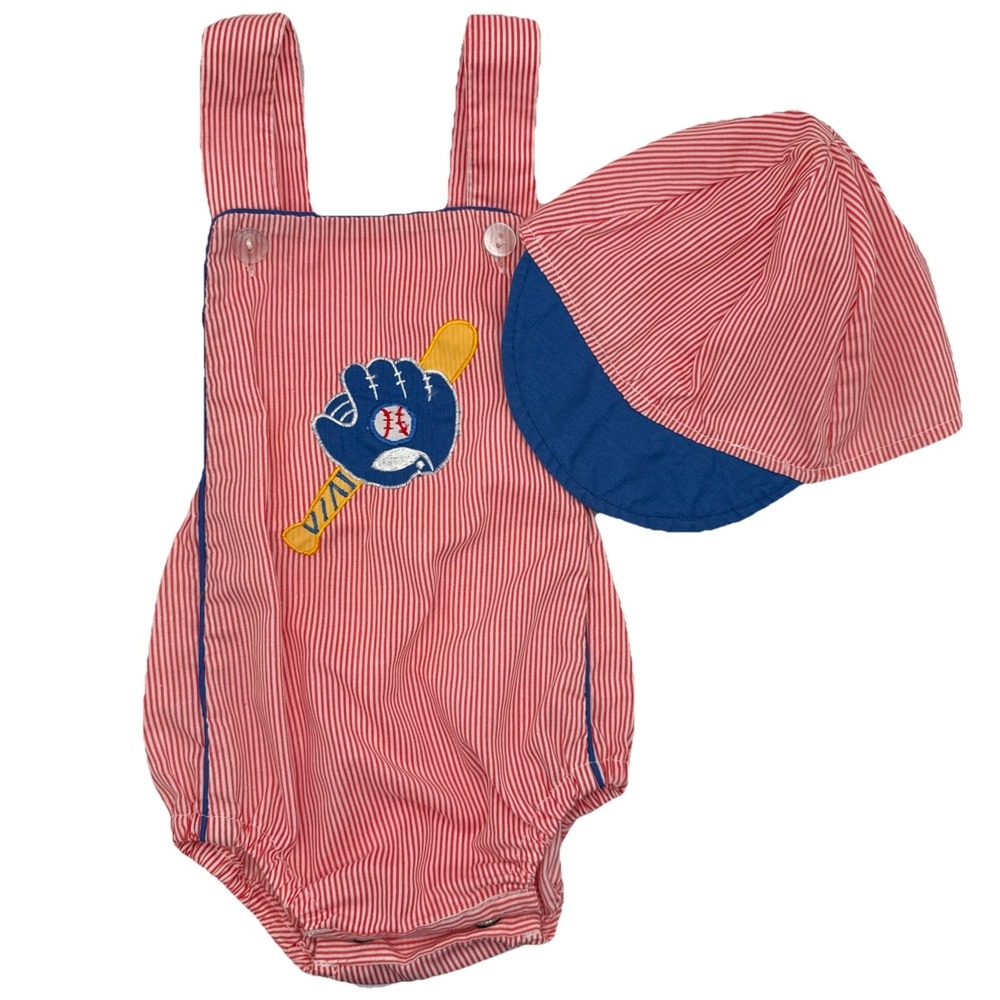 Vintage Cuties by Judy Baseball Bat Mitt Baby  Romper with Hat 0-6 Months